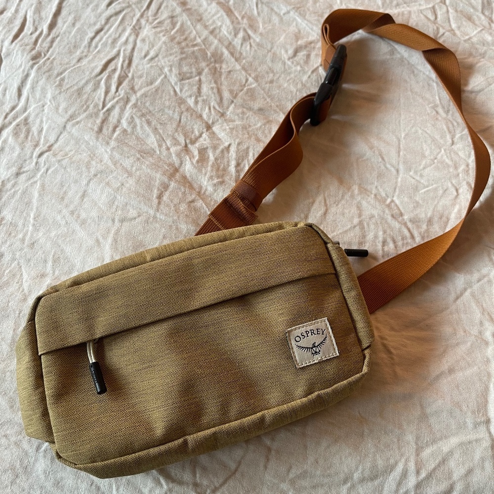OSPREY Olive Green Crossbody Sling Bag with Tan Strap